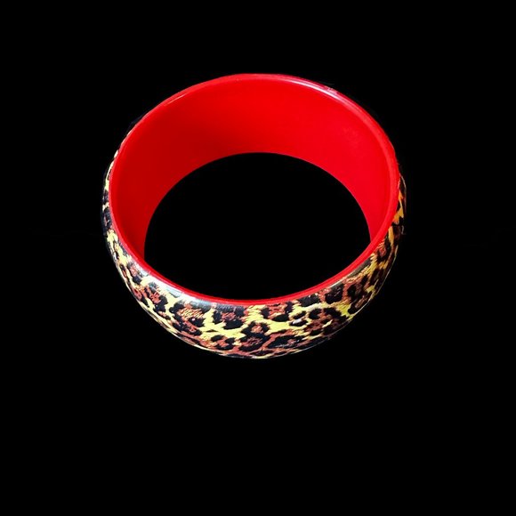 Vintage Wood Bracelet Bangle with Leopard Pattern - Picture 1 of 6